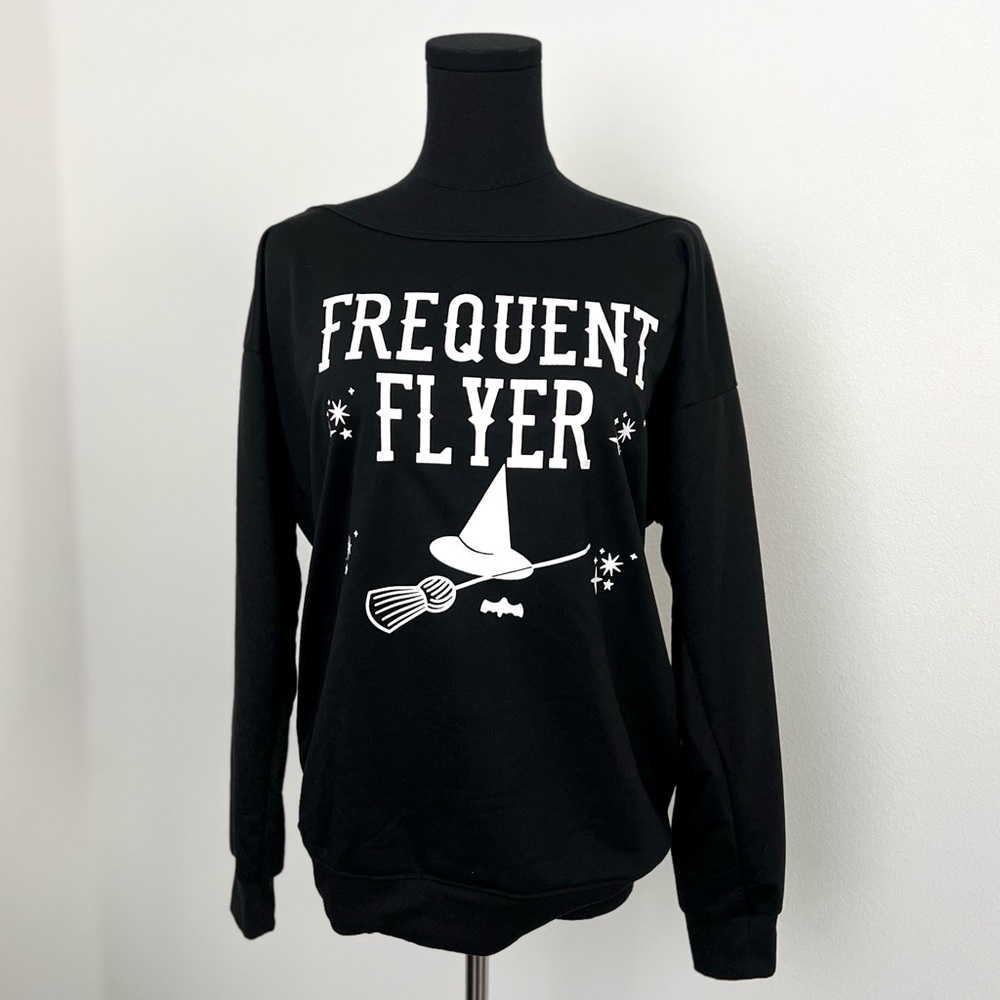 “Frequent Flyer” Halloween Off the Shoulder Pullover Tops in Size S
